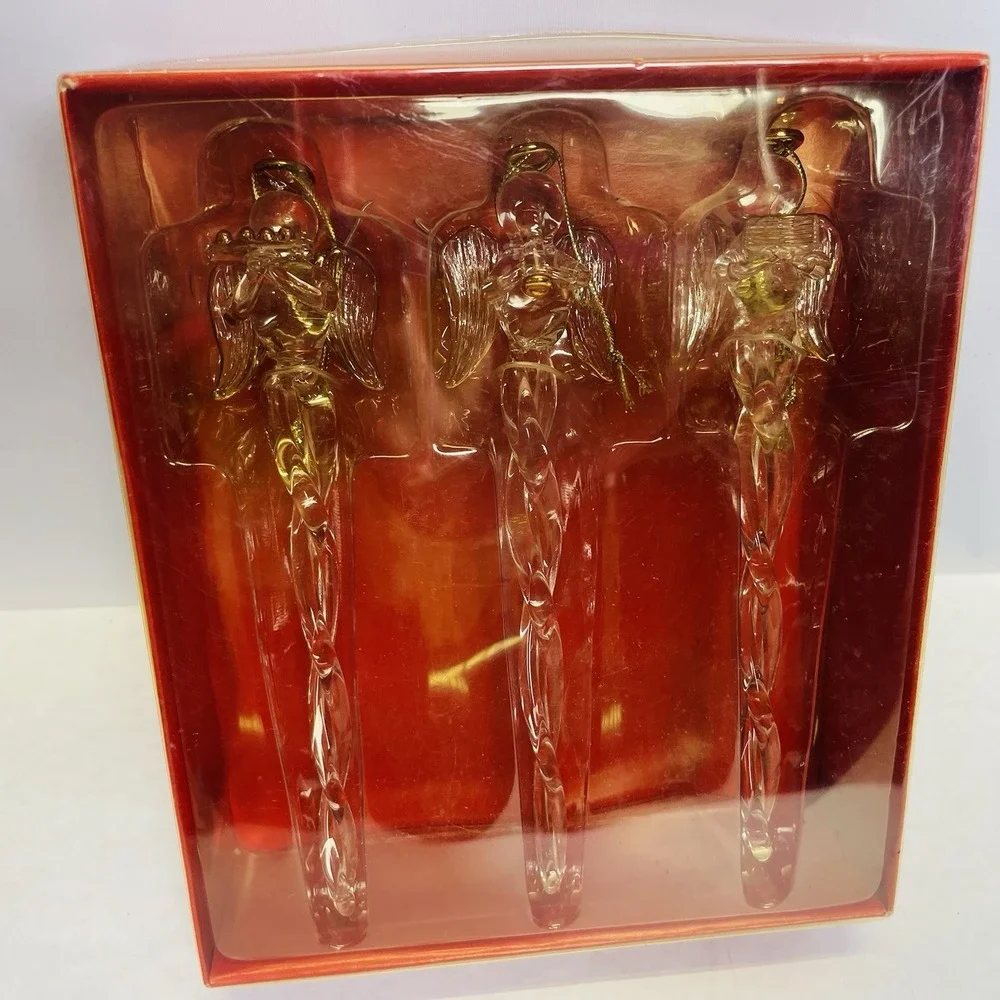 Pier 1  Christmas Angel Icicle Hand Blown Glass  Set Of 3 w Original Box‎ Unused